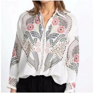 Johnny Was White Embroidered Palladium Button Up Long Sleeve Blouse Size: Large